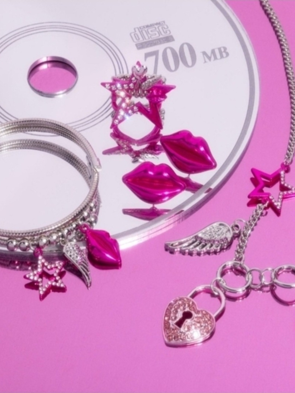 Hot Pink Lip And Star Charm Necklace Bracelet Earrings And Ring Set